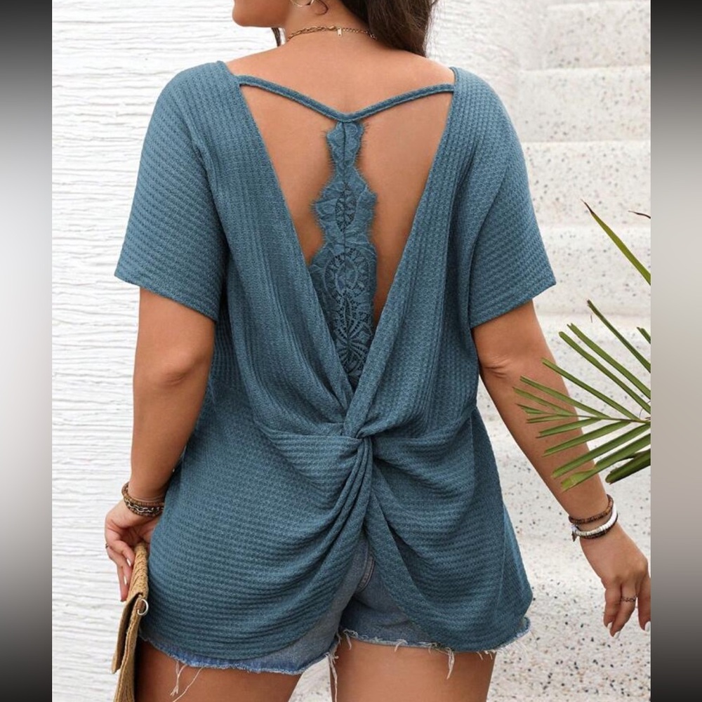 Sexy Plus Size Relaxed Fit Sheer Floral Lace Open Back Top Blouse Shirt Gray - Picture 10 of 12